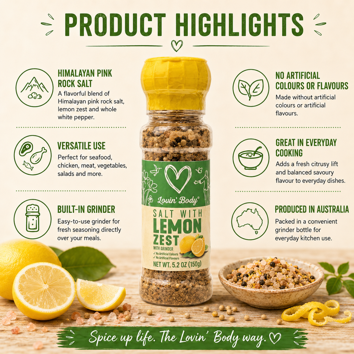 Lovin' Body Himalayan Pink Salt with Lemon Zest – Grinder, 150 g