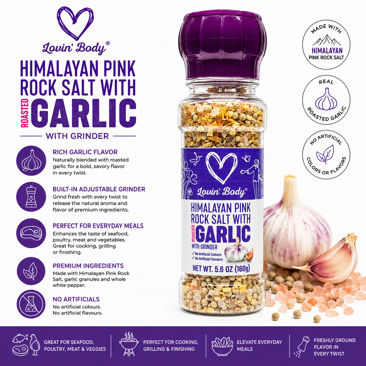 Lovin' Body Himalayan Pink Salt with Roasted Garlic – Grinder, 160 g