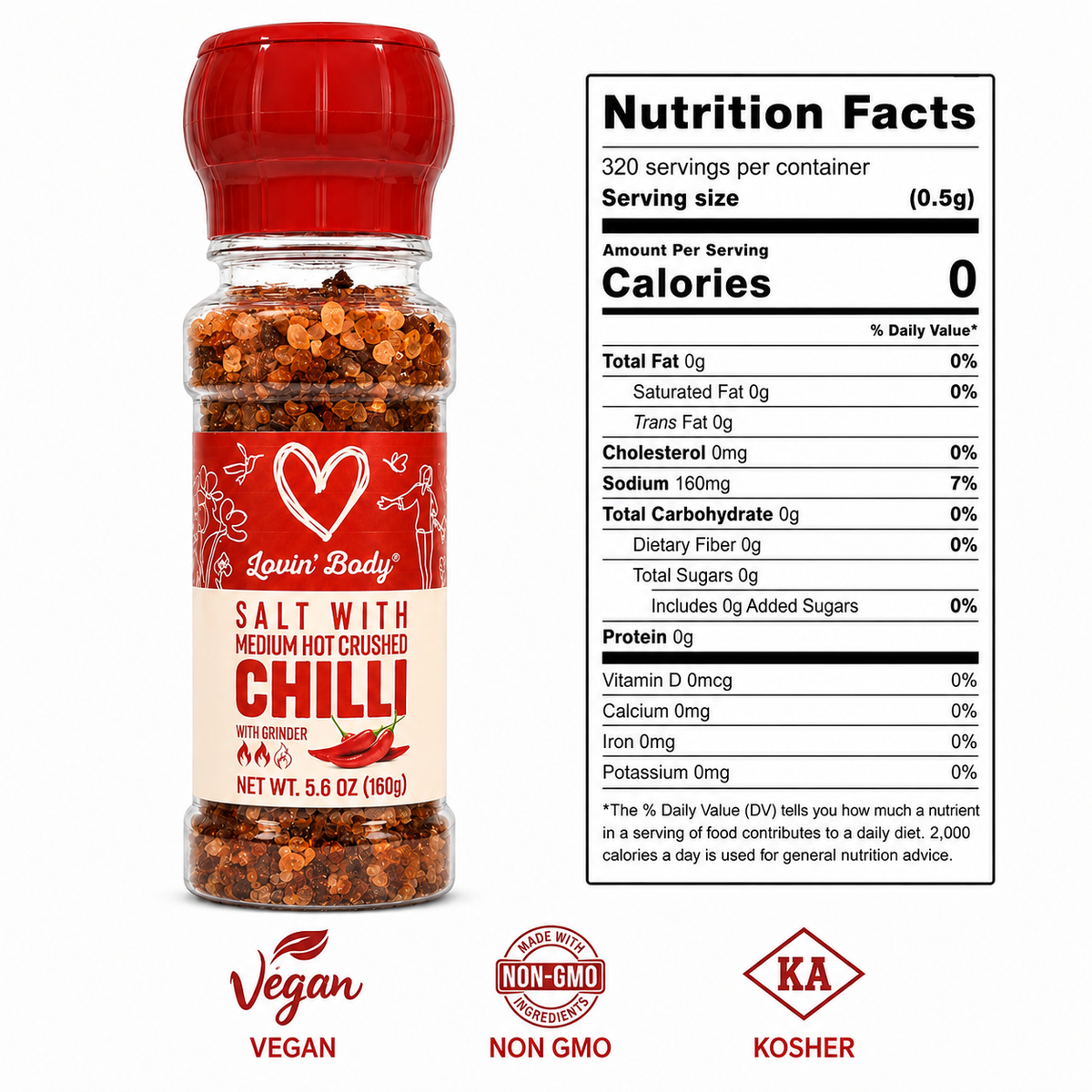 Lovin' Body Himalayan Pink Salt with Medium Hot Crushed Chilli – Grinder, 160 g